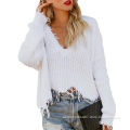 2021 Knitted Women's Fall Casual Fashionable Long Sleeve V Neck Irregular Tassel Crop Tops Women Clothes Ladies Cotton Sweater